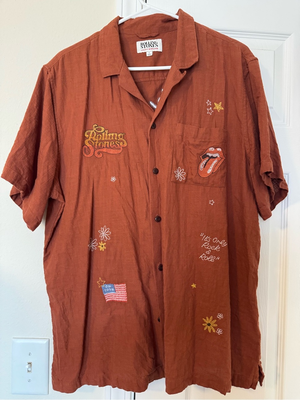 Lucky Brand The Rolling Stones Rust Orange Embroidered Short-Sleeve Buttondown